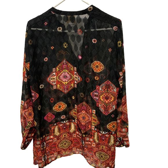 Ruby Rd Semi-Sheer Black Multi-color Geometric Print V-Neck Blouse Sz 14 - Picture 2 of 7